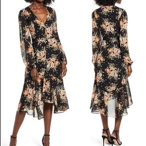 Nordstrom Leith Black Floral Button Front Midi Dress